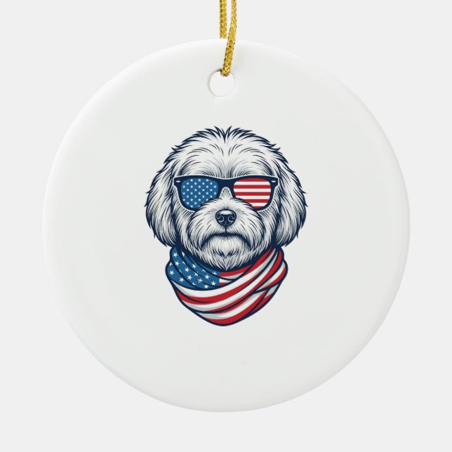 Patriotic Fluffy Dog Vector Illustration_1 Ceramic Tree Decoration (Front)