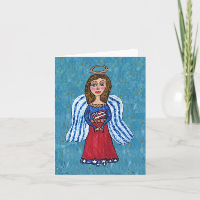 Patriotic Folk Art Angel USA Flag Gold Stars Card (Front)