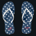 Patriotic fourth 4th of July party flip flops<br><div class="desc">Patriotic fourth 4th of July party flip flops with personalised monogram. Custom colour strap for him and her / men and women. Custom background colour and personalised name initials. Modern American flag star design sandals for Independence Day. Cute party favour for beach theme wedding, marriage, bridal shower, engagement, anniversary, birthday,...</div>