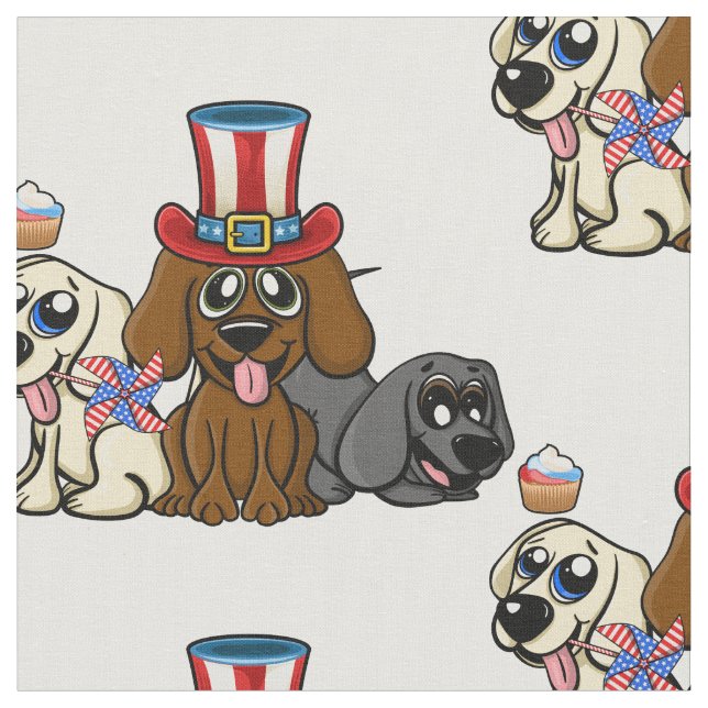 Patriotic Fourth of July Dogs Fireworks Cute Fabric (Close Up)