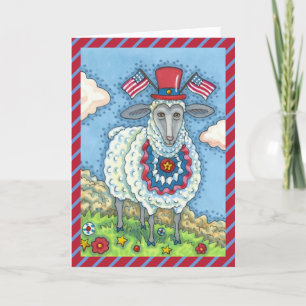 PATRIOTIC FOURTH OF JULY SHEEP, FUN FOLK ART Blank Holiday Card