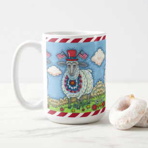 PATRIOTIC FOURTH OF JULY SHEEP, FUNNY FOLK ART COFFEE MUG