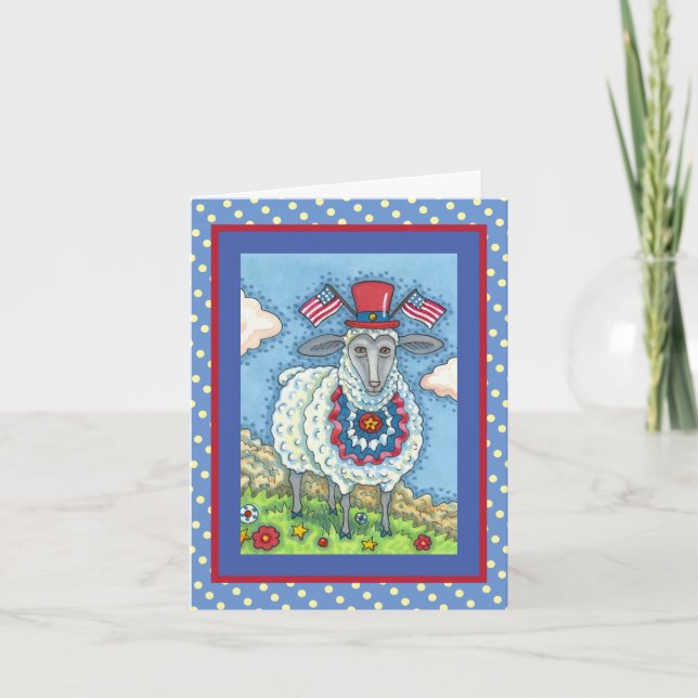 PATRIOTIC FOURTH OF JULY SHEEP, FUNNY FOLK ART HOLIDAY CARD (Front)