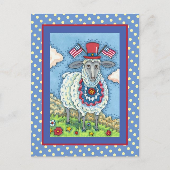 PATRIOTIC FOURTH OF JULY SHEEP, FUNNY FOLK ART HOLIDAY POSTCARD (Front)