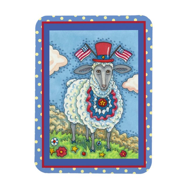 PATRIOTIC FOURTH OF JULY SHEEP, Funny Folk Art Magnet (Vertical)