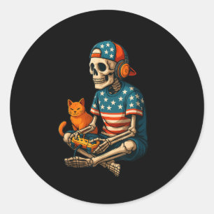 Patriotic Gamer Skeleton Gaming Video Games Cat Bo Classic Round Sticker
