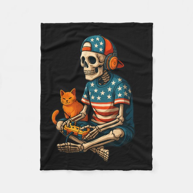 Patriotic Gamer Skeleton Gaming Video Games Cat Bo Fleece Blanket (Front)