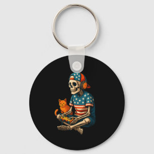 Patriotic Gamer Skeleton Gaming Video Games Cat Bo Key Ring