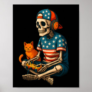 Patriotic Gamer Skeleton Gaming Video Games Cat Bo Poster