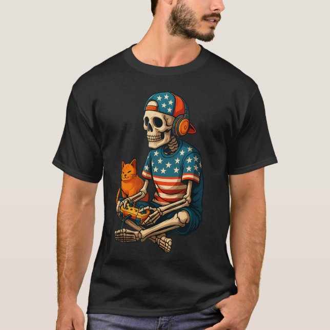 Patriotic Gamer Skeleton Gaming Video Games Cat Bo T-Shirt (Front)