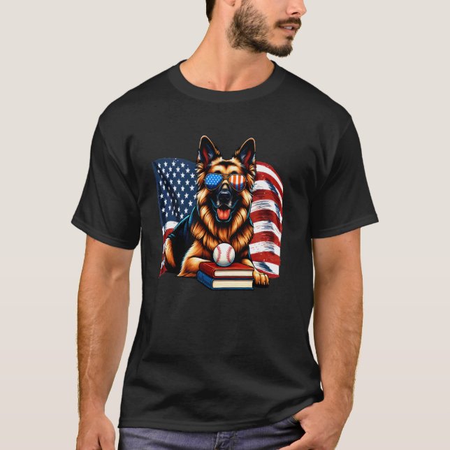 Patriotic German Shepherd Dog Books Baseball Ameri T-Shirt (Front)
