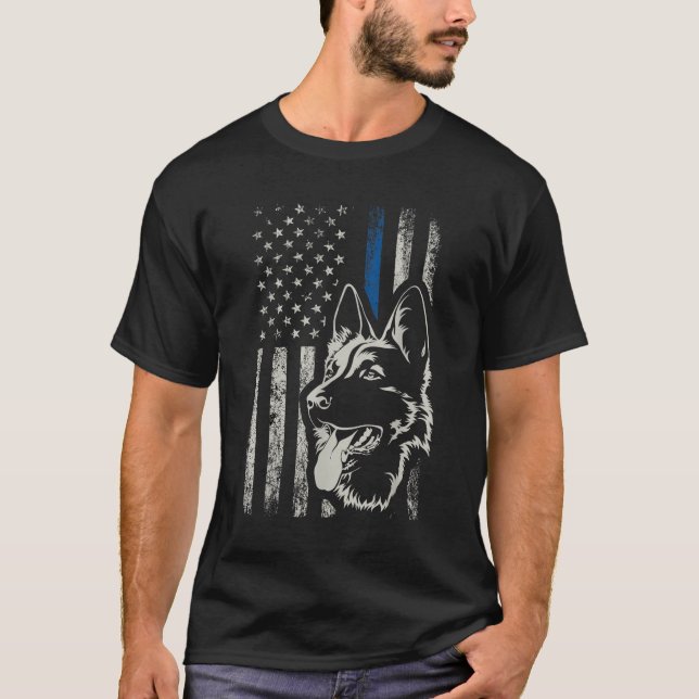 Patriotic German Shepherd K9 Unit Thin Blue Line P T-Shirt (Front)
