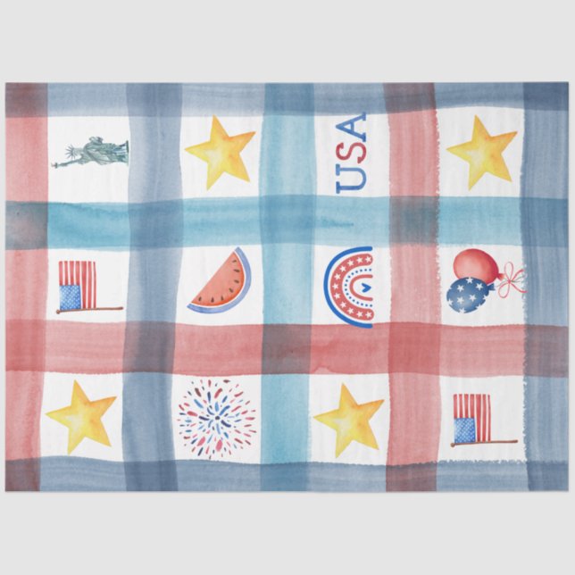 Patriotic Gingham America 4th of July Summer  Tissue Paper (Front)