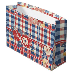 Patriotic Gingham with Floral Accents   Red White  Large Gift Bag