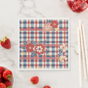 Patriotic Gingham with Floral Accents Red White Napkin