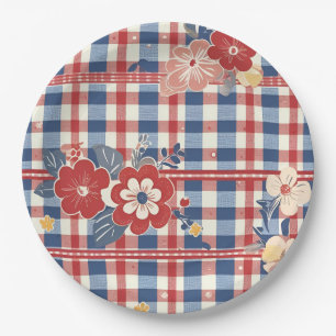 Patriotic Gingham with Floral Accents   Red White  Paper Plate