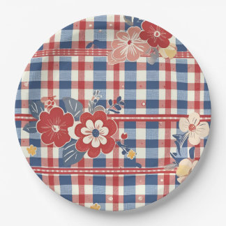 Patriotic Gingham with Floral Accents | Red White  Paper Plate
