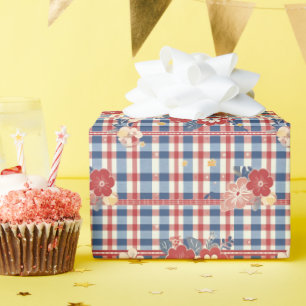 Patriotic Gingham with Floral Accents   Red White  Wrapping Paper