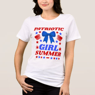 Patriotic Girl Summer Blue Gingham Bow Tri-Blend Shirt