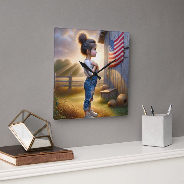 Patriotic Girl With American Flag Square Wall Clock (Office)