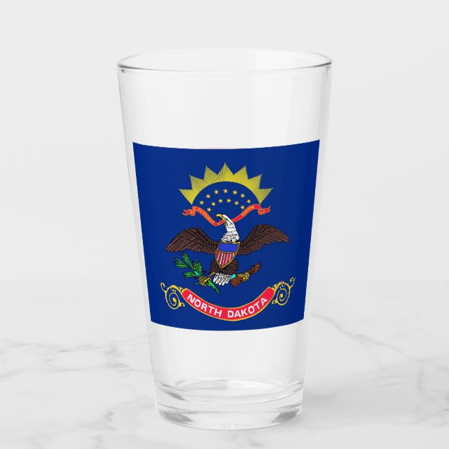 Patriotic glass cup with flag of North Dakota (Front)