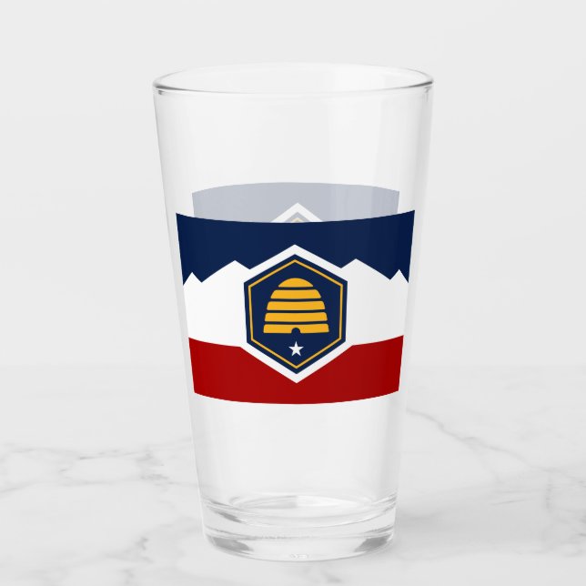 Patriotic glass cup with new flag of Utah, USA (Front)