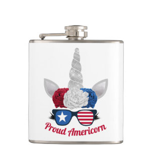 Patriotic Glitter Unicorn Red White Blue Hip Flask
