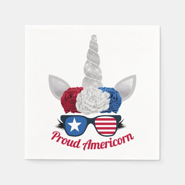 Patriotic Glitter Unicorn Red White Blue Napkin (Front)