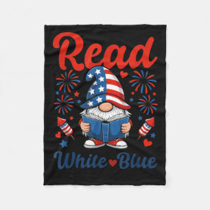 Patriotic Gnome Fireworks USA Read White Blue Fleece Blanket