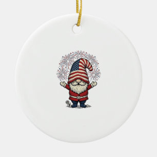 Patriotic Gnome Fireworks Vintage Vector Design_1 Ceramic Tree Decoration