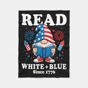 Patriotic Gnome Reading Fireworks Read White Blue Fleece Blanket
