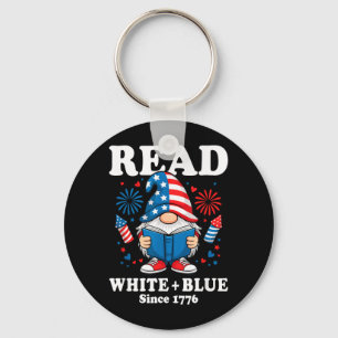Patriotic Gnome Reading Fireworks Read White Blue Key Ring