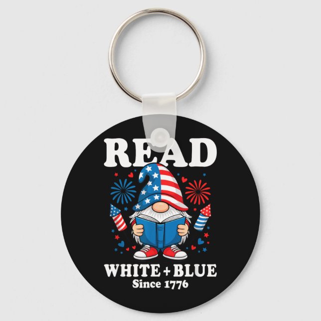 Patriotic Gnome Reading Fireworks Read White Blue Key Ring (Front)