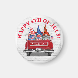 Patriotic Gnome Vintage Red Truck 4th of July Magnet