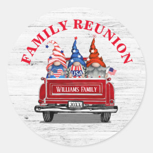 Patriotic Gnome Vintage Red Truck Family Reunion Classic Round Sticker