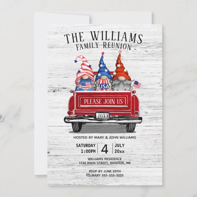 Patriotic Gnome Vintage Red Truck Family Reunion Invitation (Front)
