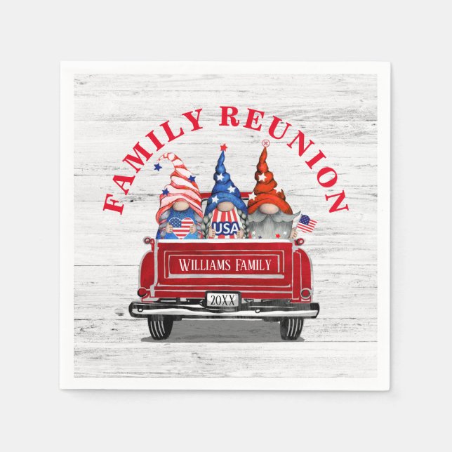 Patriotic Gnome Vintage Red Truck Family Reunion Napkin (Front)