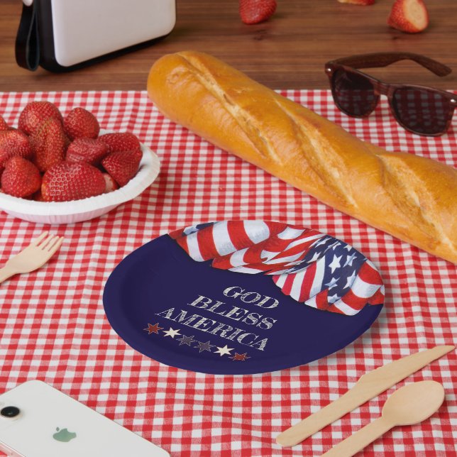 Patriotic God Bless America Red White Blue Bunting Paper Plate (Picnic)