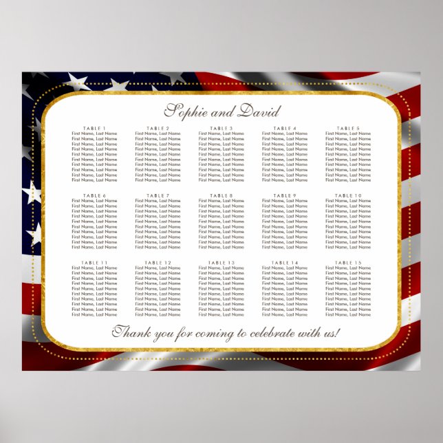 Patriotic Gold Foil USA Flag Wedding Seating Chart (Front)