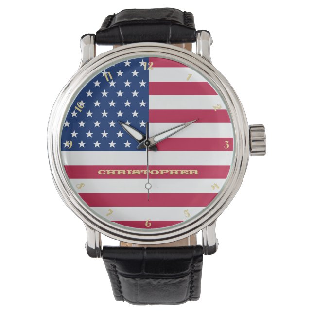 Patriotic Gold Monogrammed USA Flag Classic Mens Watch (Front)
