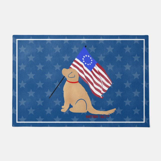 Patriotic Golden Dog American Flag Doormat (Front)