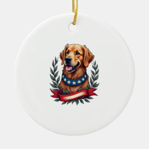 Patriotic Golden Retriever Americana Art Tee 2 Ceramic Tree Decoration