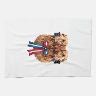 Patriotic Golden Retriever Double Portrait Shirt 2 Tea Towel