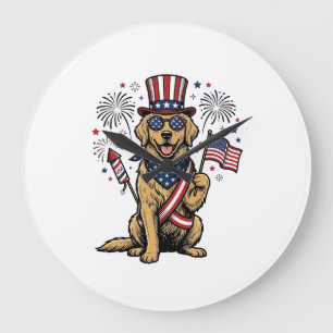 Patriotic Golden Retriever Fireworks Vintage Shirt Large Clock