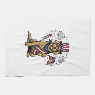 Patriotic Golden Retriever Fireworks Vintage Shirt Tea Towel