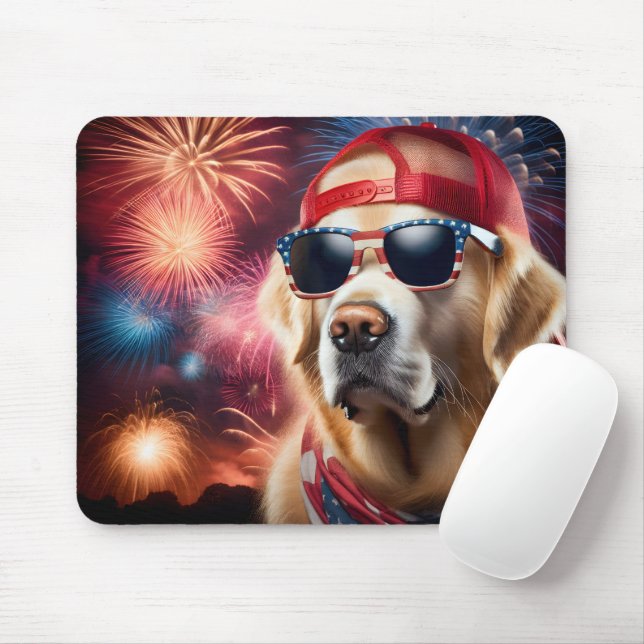 Patriotic Golden Retriever Mouse Mat (With Mouse)