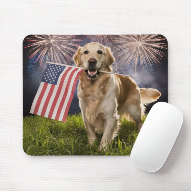 Patriotic Golden Retriever Mouse Mat (With Mouse)