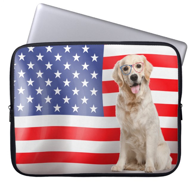 Patriotic Golden Retriever On Flag Laptop Sleeve (Front)