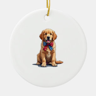 Patriotic Golden Retriever Puppy Vintage Shirt Ceramic Tree Decoration