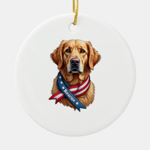 Patriotic Golden Retriever Rescue Vintage Tee Ceramic Tree Decoration